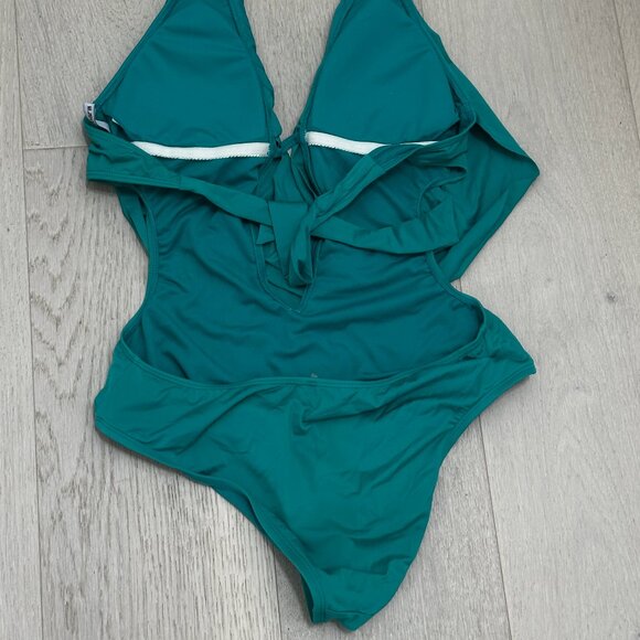 Bar III Turquoise One-Piece Monokini Swimsuit M Cowl Neck Cutout Gold Hardware - Picture 13 of 14